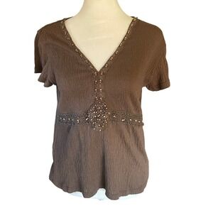 Vintage Suzie Women Y2K Beaded Babydoll Crinkle Top Size PL Brown Boho Fairy